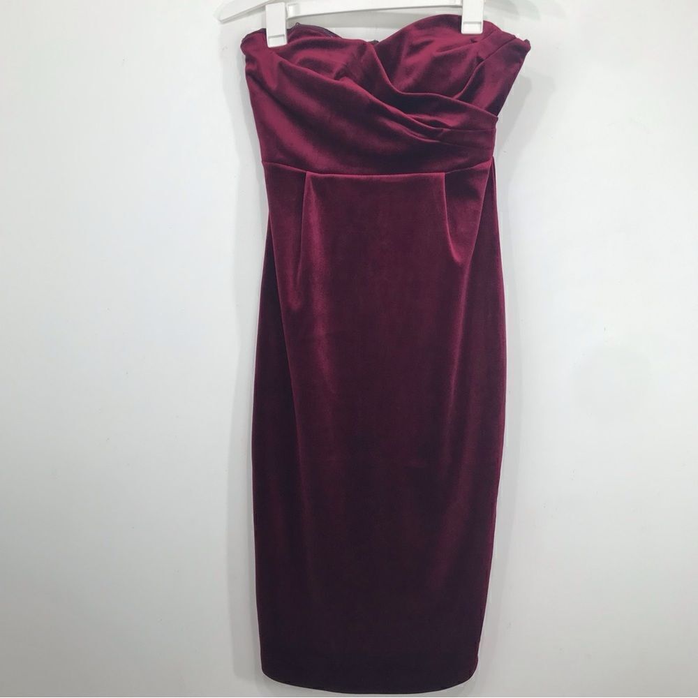 Express Wine Red Strapless Sweetheart Velour Holiday Pencil Dress - Picture 5 of 16